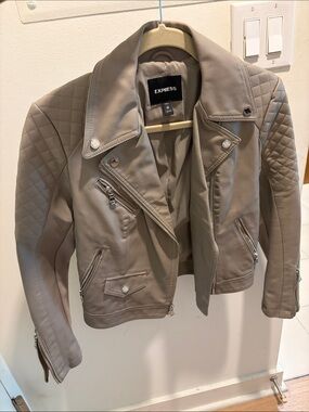 Express Taupe Quilted Faux-Leather Moto Jacket